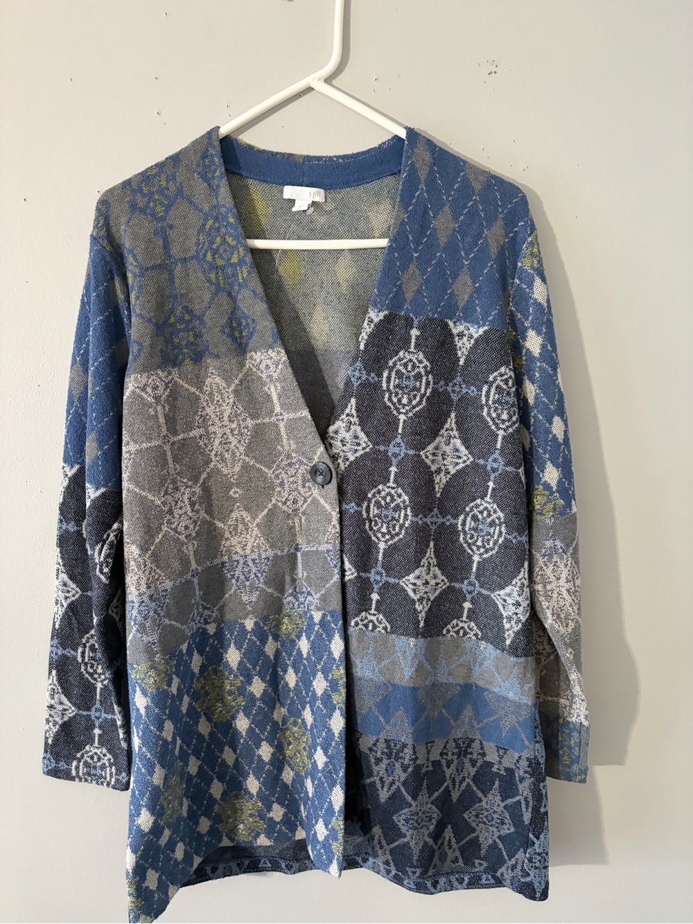 J Jill Long 1 Button Geometric Print Cotton Blend Cardigan Sweater